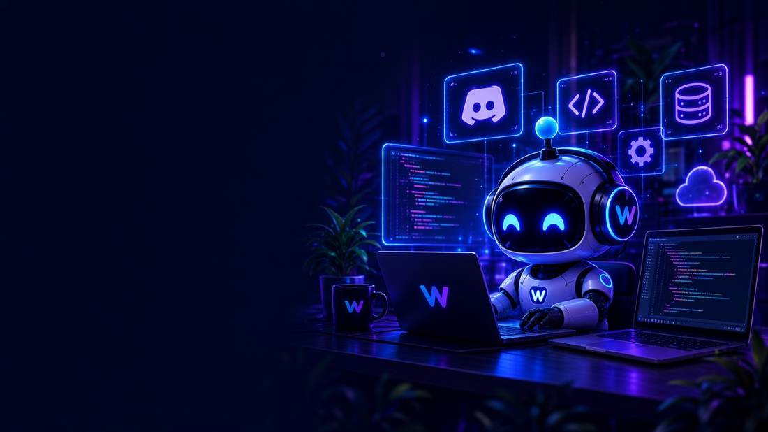 A small white robot with a glowing blue visor working at a desk